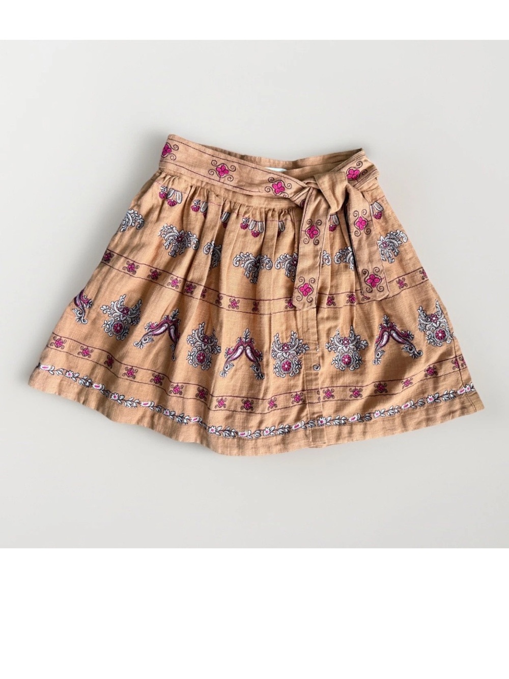 Anthropologie Brown Skirt Embroidered Wrap, Tie Belt Boho Cottagecore Sz 4